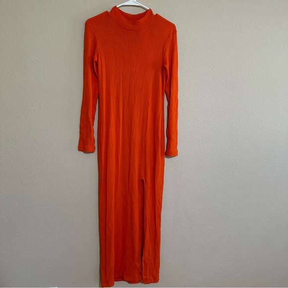 Zara Women Ribbed Dress with Slit Orange Maxi Long Size S - Picture 3 of 9